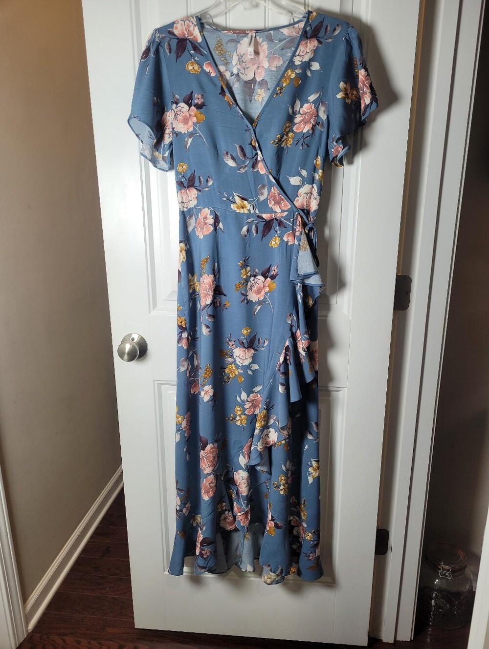 Xhilaration Blue Floral Wrap Maxi Dress with Pink Rose Print.  Size S
